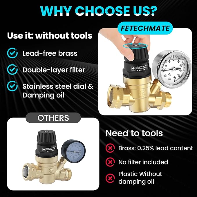 Water Pressure Regulator for RV and Garden Lead-Free Brass Adjustable Water Pressure with 0-160 PSI Silicone Oil Gauge and Screen Filter Use in Camper, Trailer, RV Plumbing System