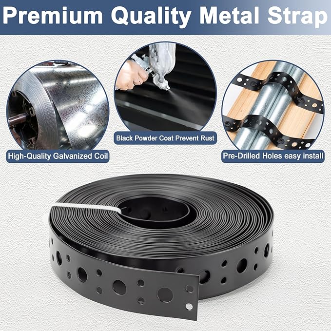 Metal Strap 1-Inch x 33FT 0.6mm Thickness for Pipe Support Pipe Hanger Strap Metal Strapping with Holes Black