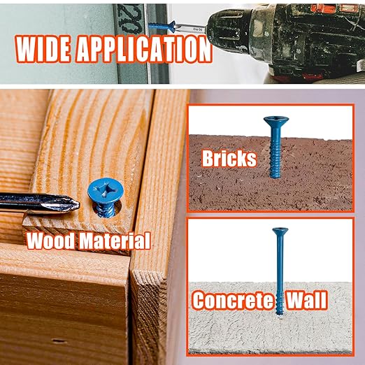 100Pcs 3/16" x1-3/4 Concrete Screws with Drill Bit, Flat Head Concrete Cement Screws Anchor Assortment Kit for Masonry, Block Brick or Stucco
