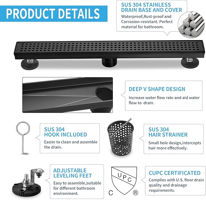 Linear Shower Drain 36 Inch Rectangular, SUS-304 Stainless Steel Black Shower Drain, 51L/Min Fast Drainage Floor Linear Drain, US Standard CUPC Certified, Matte Black, SD-112-36B