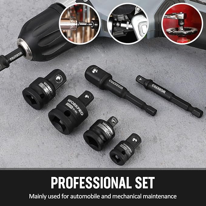 WORKPRO 7 Pieces Impact Socket Adapter Set, Includes 3 Pieces 1/4" Hex Shank Drill Extension Set (1/4", 3/8" and 1/2") and 4 Pieces Impact Socket Adapter and Reducer Set