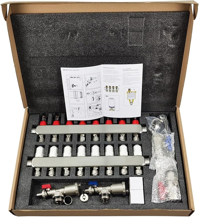 8 Branch PEX Radiant Floor Heating Manifold Set Floor Heating Water Distributor 1/2" Pipe Adapter 304 Stainless Steel and Brass, for Heating Systems