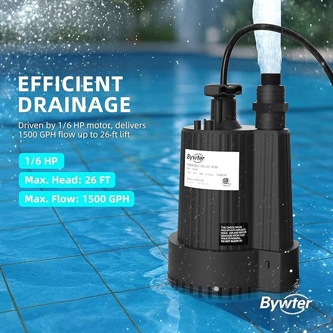 1/6 HP Submersible Water Pump, 1500 GPH Sump Pump with Thermoplastic Housing, 115V Portable Electric Water Pump with 10 Ft Cord for Basement, Yard, Boats and Pool Covers