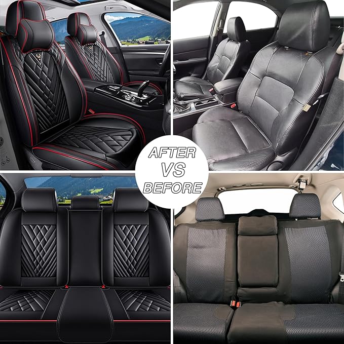 Car Seat Covers for Jaguar E-PACE 2018-2024,Breathable Nappa Leather Car Seat Protector,Front Seat Cover with Pillow Automotive Seat Cushion with Airbag Compatible(Front Seats,Black-Red)