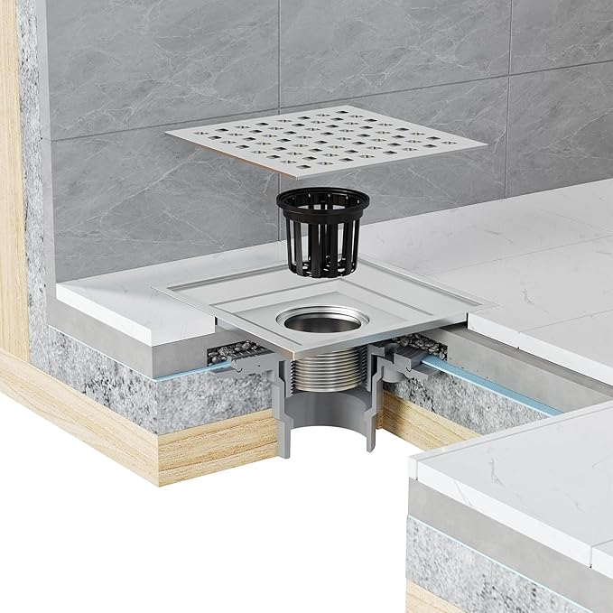 Neodrain Square Shower Drain,6 inch Stainless Steel 304 Grate and PVC Drain Body, Grate with Brushed Nickel Finish, Kit Includes Hair Trap/Strainer,Lifting Hook and PVC Drain Base