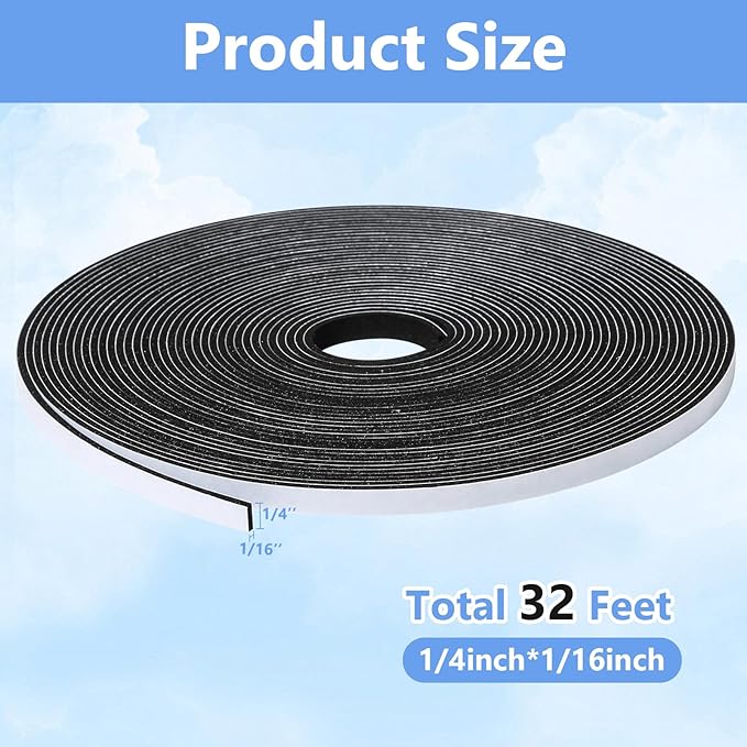 Weather Stripping Door Seal Strip- 1/4 Inch X 1/16 Inch X 32Feet, Strong Adhesive, Lightproof, Soundproof, Weatherproof Foam Tape Insulation for Sliding Door, Front Door Frame, Windows- Black