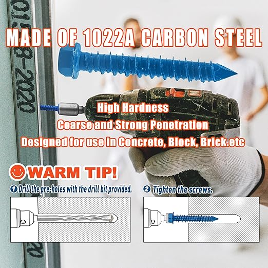 100Pcs 1/4" x1-3/4 Concrete Screws with Drill Bit, Hex Head Concrete Cement Screws Anchor Assortment Kit for Masonry, Block Brick or Stucco