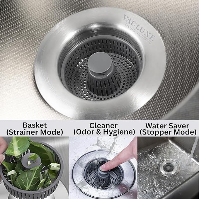 Upgraded 3in1 Kitchen Sink Drain Strainer & Sink Stopper, Stainless Steel Kitchen Drain Plug & Sink Installation Parts with Anti-Clogging Basket, Fit US Standard 3-1/2.8'' Sink Drain Hole