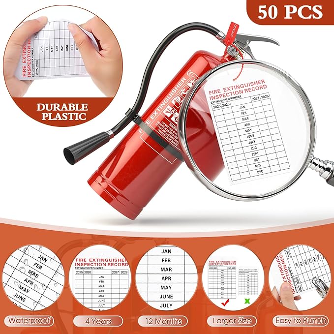 Chunful 101 Pieces Monthly Fire Extinguisher Inspection Tags 2025 to 2028 Maintenance Tags Plastic Tamper Seals Numbered Security with Handheld Hole Puncher(White)