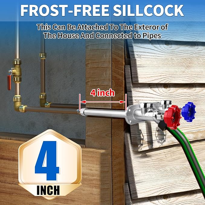 Boltigen 4inch Anti-Siphon Frost Free Hot and Cold Sillcock Valve, Chromed Brass Freeze Proof Outdoor Water Wall Hydrant Faucet, 1/2" NPT X 3/4’’ GHT Hose Bib Frost Free Outside Spigot (4inch)