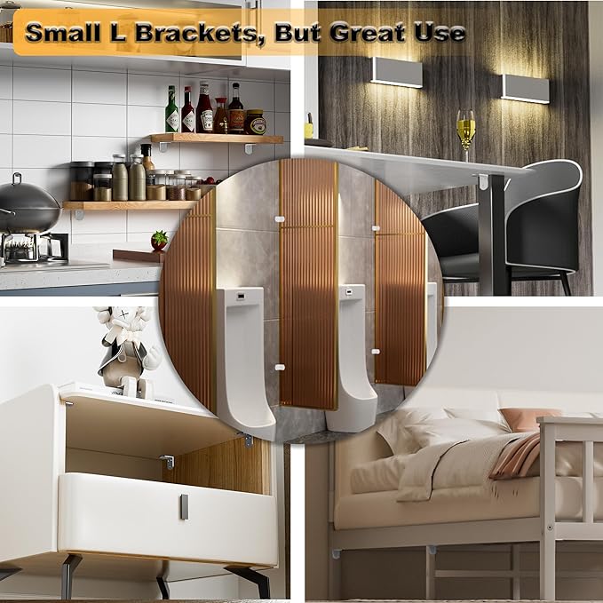 Alise 4Pcs Stainless Steel L Brackets for Shelves White, Small Floating Shelf Brackets, 90 Degree Right Angle Bracket, Heavy Duty Metal L Bracket Corner Brackets for Wood Furniture (1.97X1.97 in)
