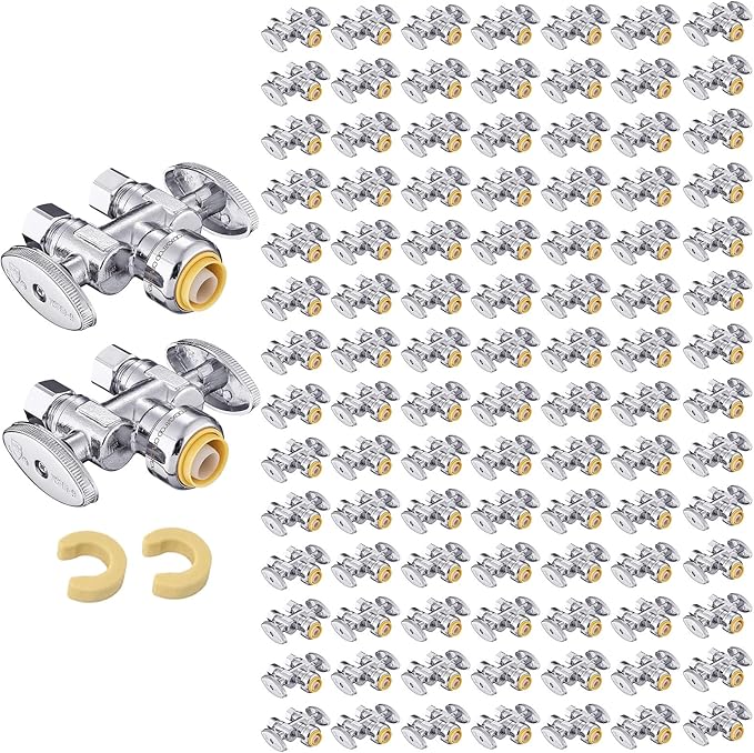 (Pack of 100) EFIELD Push Fit 1/2" x Dual 3/8" OD Compression Straight Stop Valve, 1/4 Turn with a Disconnect Clip Tool,(PF-VALVE039-100PCS)