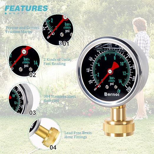 Bernoi Liquid Filled Water Pressure Gauge Kit with 5 Parts, 0-200 Psi, Standard 3/4" Female Garden Hose Thread Water Pessure Gauge for Home