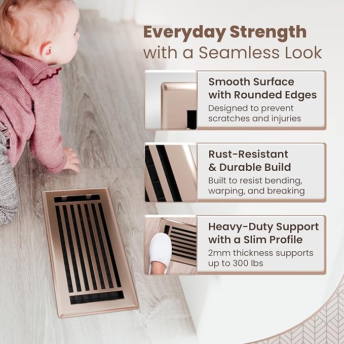 Floor Register 4x10 Vent Cover – 2 Pack – Heavy-Duty Steel, Rustproof & Walkable Grates, Drop-in Install, Adjustable Air Supply Switch - Decorative Straight Line Design, Satin Bronze