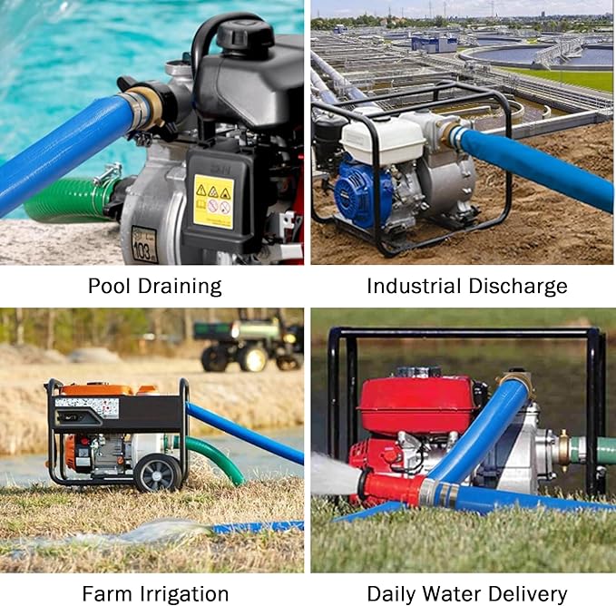 1.5" ID x 50 ft PVC Lay Flat Discharge Hose with NPT Pin Lug & KC Nipple Fittings, Heavy Duty Reinforced Blue Backwash Pump Hoses for Swimming Drain Pools and Clean Filters