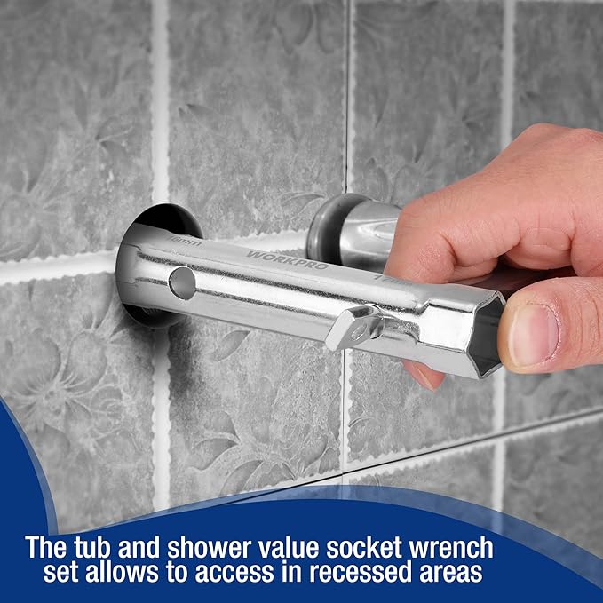 WORKPRO 9-Piece Shower Valve Socket Wrench Set with Bar Handle, for Bathroom Removal of Tub and Shower Valves, Home Plumbing Repairs, Double-Ended, Storage Bag Included