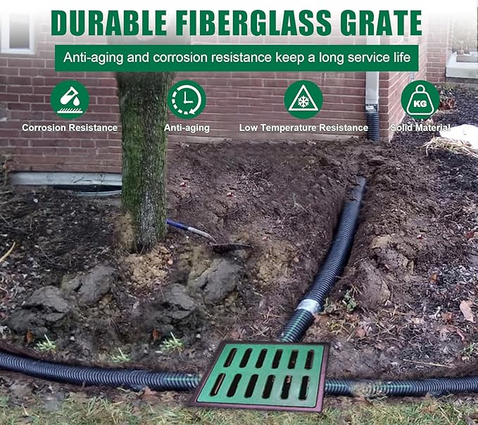 Catch Basin for Drainage with Fiber Glass Grate-26x18x24 in. Large Drainage Basin with Debris Basket,A15 French Drain Basin Without Reserved Hole for Yard,Downspout,Lawn,Municipal Pipeline