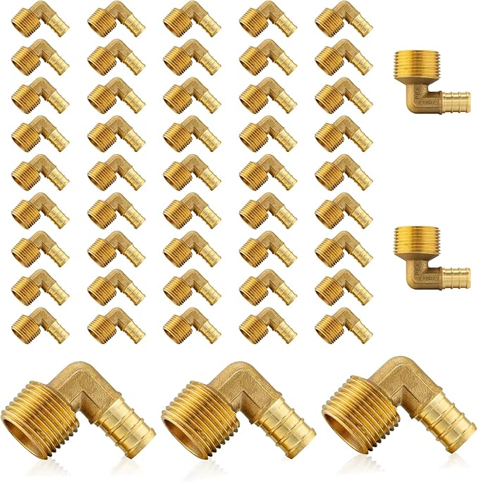 (50-Pack) PEX Fittings, Pex 1/2" x 3/4" Male Threaded NPT Elbow Adapter, Brass Crimp Fittings, for PEX Tubing Pipe Plumbing, ASTM F1807(PEX1807103-50Pack)