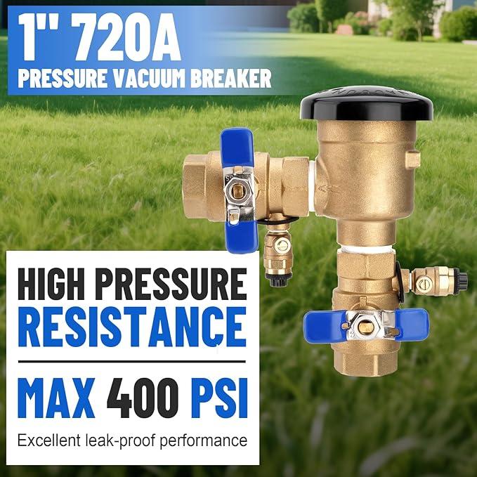 SPARKWHIZ 1" 720A Pressure Vacuum Breaker Assembly, Brass Backflow Preventer Valve, for Lawn Irrigation, Garden Watering, Commercial Water Supply Systems, and Industrial Water Systems, Max 400 PSI