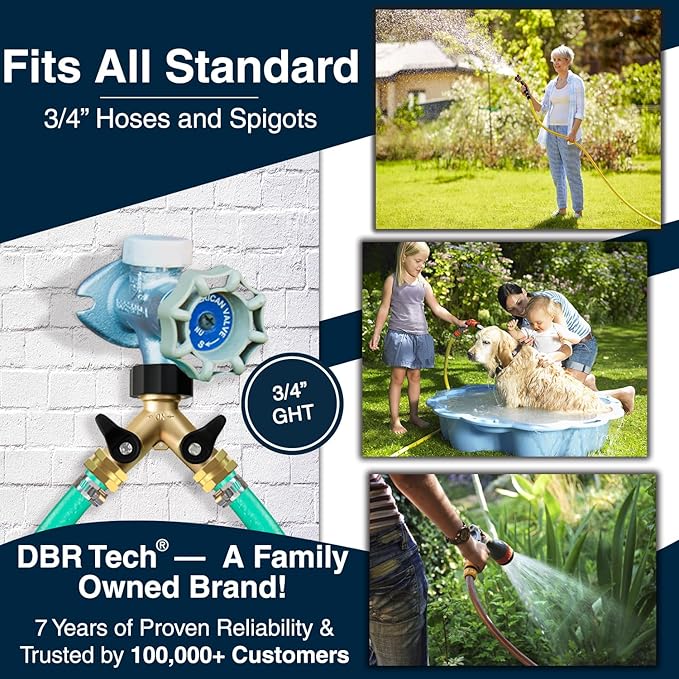 DBR Tech® Heavy Duty 2 Way Hose Splitter (Premium Brass for Superior Durability), Wye Garden Hoses Connector for Water Spigot Faucet Bib Tap, Double Shut Off Valve, Y Adapter, Rust-Resistant Finish