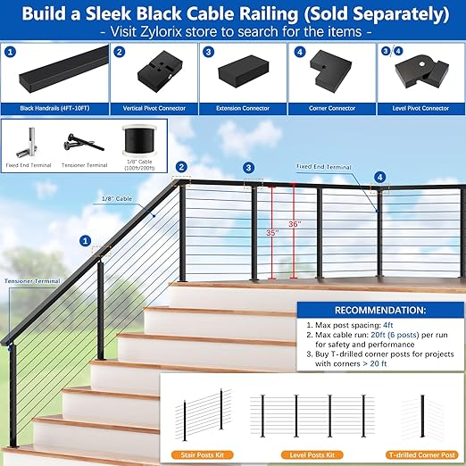 2 Pack 36" T304 T-drilled Cable Railing Corner Post(Post 35"x2"x2"), Three Sides Wire Railing Post with Cable Grommets, Fixed Top Mount Stainless Steel Black Finish Deck Staircase Post