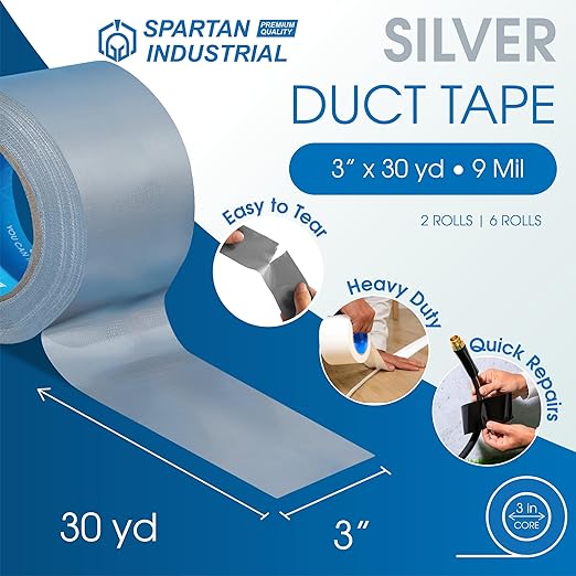 SPARTAN INDUSTRIAL - 3" X 30 yd Silver Water-Resistant Tape - 6 Heavy-Duty Duct Tape Rolls for Indoor and Outdoor Use - No Residue, 9 Mil
