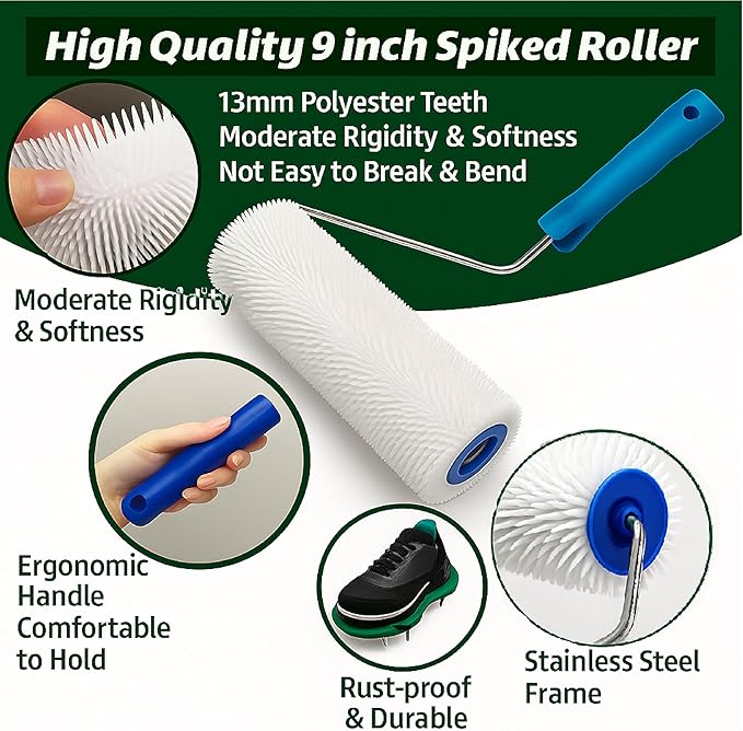 Premium Spiked Paint Rollers 9 Inch Kit for Epoxy Floor Decking Concrete & Act As Self Floor Leveler Self Leveling Compound with Permagrip Shoes Spikes for Walking Boots Epoxy Flooring & Screed