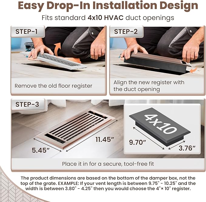 Floor Register 4x10 Vent Cover – Heavy-Duty Steel, Rustproof & Walkable Grates, Easy Drop-in Install, Adjustable Air Supply Switch - Decorative Straight Line Design, Satin Bronze