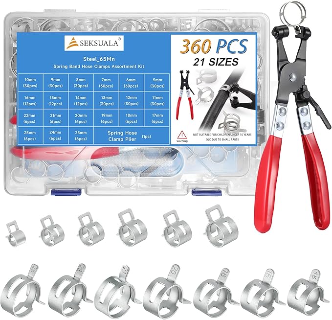 360Pcs 1/5" to 1" (5-25mm) Spring Band Hose Clamps Assortment Kit with Swivel Flat Hose Clamp Plier, SEKSUALA Constant Tension Steel Clamps for Fuel Lines, Silicone,Vacuum Hoses (Grey)
