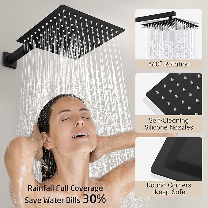 KES Shower System Pressure Balancing Shower Valve with Tub Faucet Spout Set Handheld and 10 Inch Rainfall Shower Head Combo All Metal Matt Black, XB6300-BK