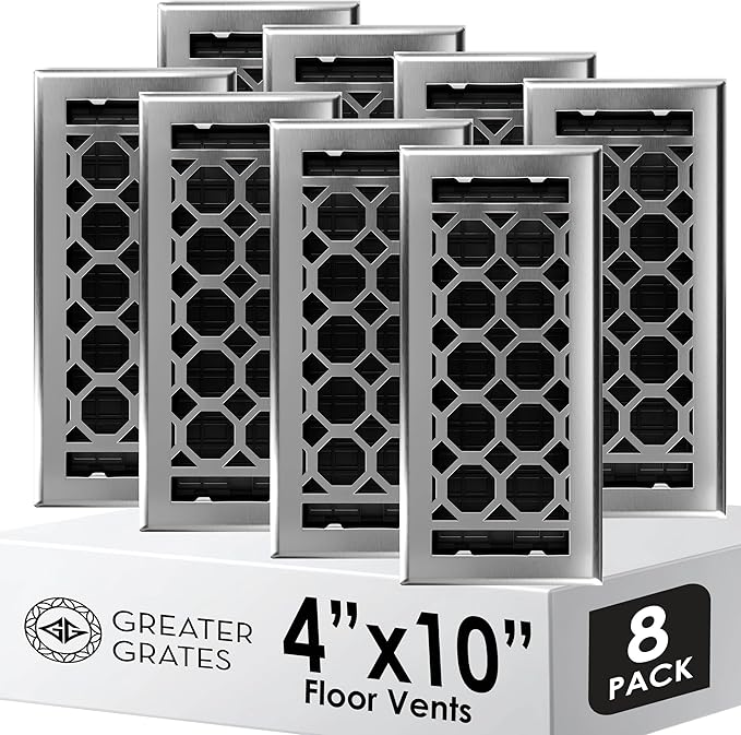 Floor Register 4x10 Vent Cover – 8 Pack – Heavy-Duty Steel, Rustproof & Walkable Grates, Easy Drop-in Install, Adjustable Air Supply Switch - Decorative Honeycomb Design, Brushed Nickel