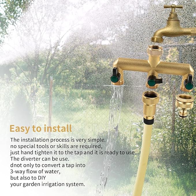 Hose Splitter, 3 Way Heavy Duty Brass Garden Hose Splitter, Outdoor Faucet Splitter, for 3/4" Hose Connector, Hose Spigot Adapter with 3 Individual ON/Off Valves