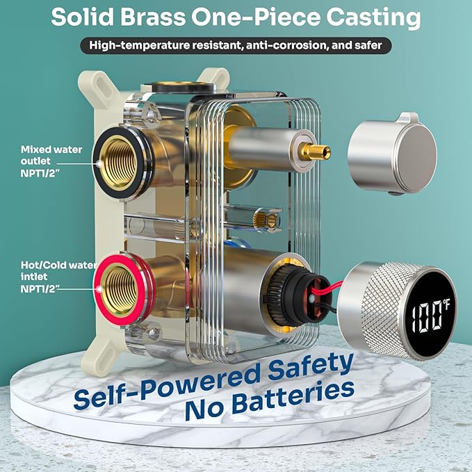 Temperature Display Shower Valve 3 Way Brass Rough-in Mixer and Round Trim Kit, Triple Function Digital Shower Diverter, Brushed Nickel