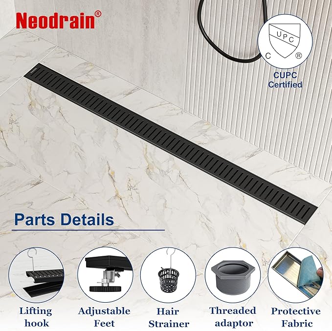 Neodrain 48" Matte Black Bathroom Linear Shower Drain with Removable Capsule Pattern Grate, 304 Stainless Steel Shower Floor Linear Drain- CUPC Certified with Hair Strainer