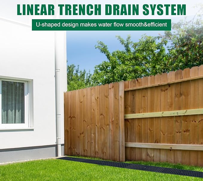 Deep Profile HDPE Trench Drain-39.4Lx6.1Wx5.5H in. Channel Drain with Grates,Durable Plastic Yard Drainage System for Outdoor,Yard Fence,Houseside,Pool,Sidewalk,Patio,Backyard,Landscape