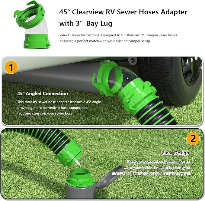 6-in-1-45° Clear RV Sewer Hose Elbow with Adapter and Built-in Gasket Odor - Fits 4 Sizes of Dump Station Inlets (45° -Elbow Adapter)