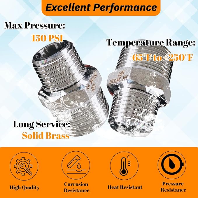 2pcs 3/4" NPT x 1/2" NPT Stainless Steel Nipple, 3/4 to 1/2 Adapter Fitting Reducing Solid Hex Nipple, Stainless Steel Reducer Pipe Fittings for Extending and Connecting Pipes