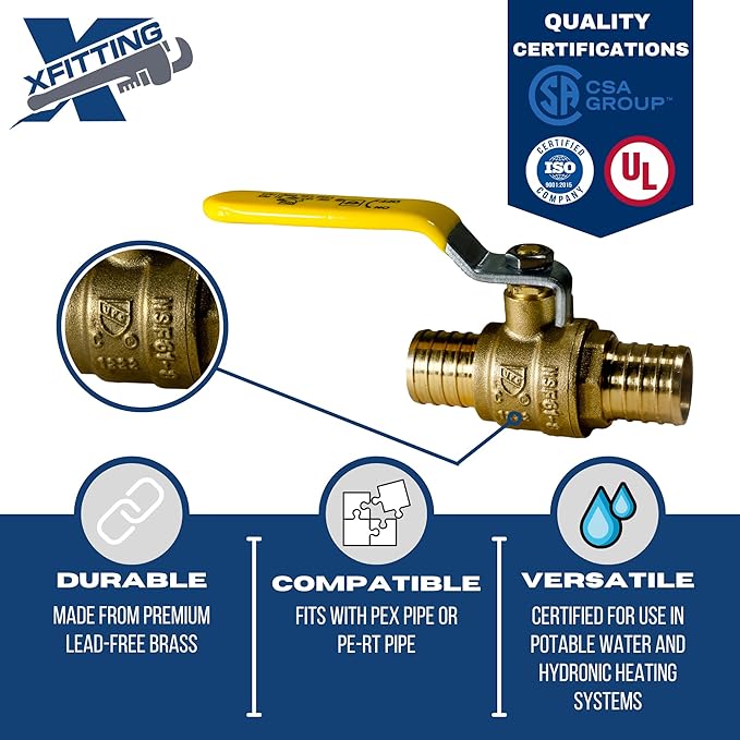 XFITTING 10 Pack Pex Barb 1 Inch Ball Valve, Yellow Handle, Full Port Pex Ball Valve, Brass