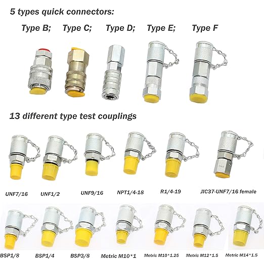 XZT 70DC Hydraulic Pressure Test Coupling Kit,Pressure gauges Set,Test Hose,BSPP ORFS JIC Hydraulic Swivel Run tees Set Repair Tools for Most Excavator Construction Machinery