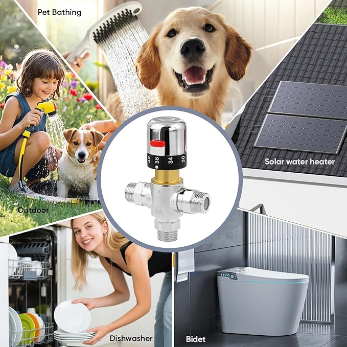 3-Way Thermostatic Mixing Valve, DN15 Temperature Control Bathroom Faucet and Shower Water Mixer Valve G1/2 NPS Male Connections,Chrome…