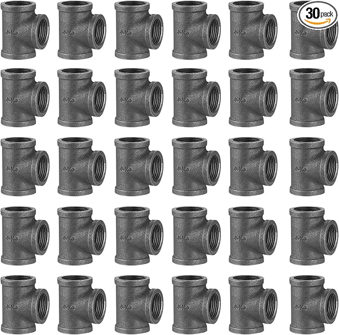 3/4" Pipe Fitting Tee, 30 Pack DN20 Threaded Cast Malleable Iron Tee for Steampunk Vintage Shelf Bracket DIY Plumbing Pipe Decor Furniture (30, 3/4")