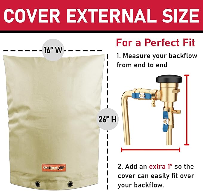 Redford Supply Co. Cold Snap (5°F) Backflow Preventer Insulation Cover, 16"W x 26"H, Pipe Insulation, Water Sprinkler Covers for Outside, Sprinkler Backflow Cover for Winter, Well Pump Bag (Beige)