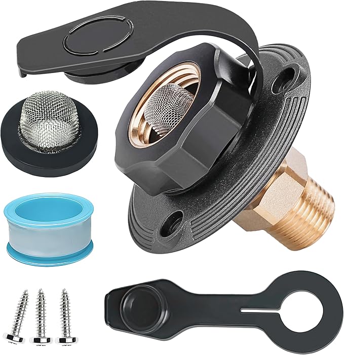 RV City Water Inlet with Check Valve – 3/4″ NH to 1/2″ NPT Brass, Matte Black Dust Cap