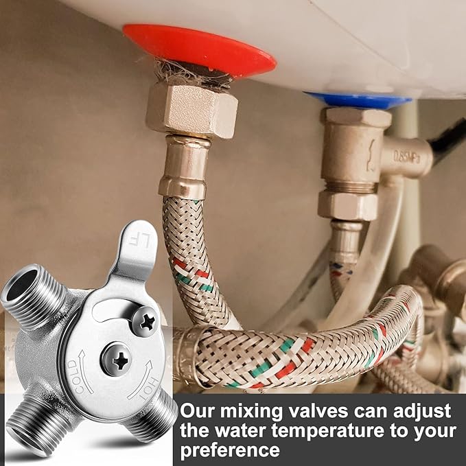 2 Pcs 3/8" Manual Mixing Valve Hot Cold Water Temperature Mixer Thermostatic Mixing Valve for Home and Bathroom Below Deck to Adjust Water Temperature, 4 Braided Faucet Connector Included