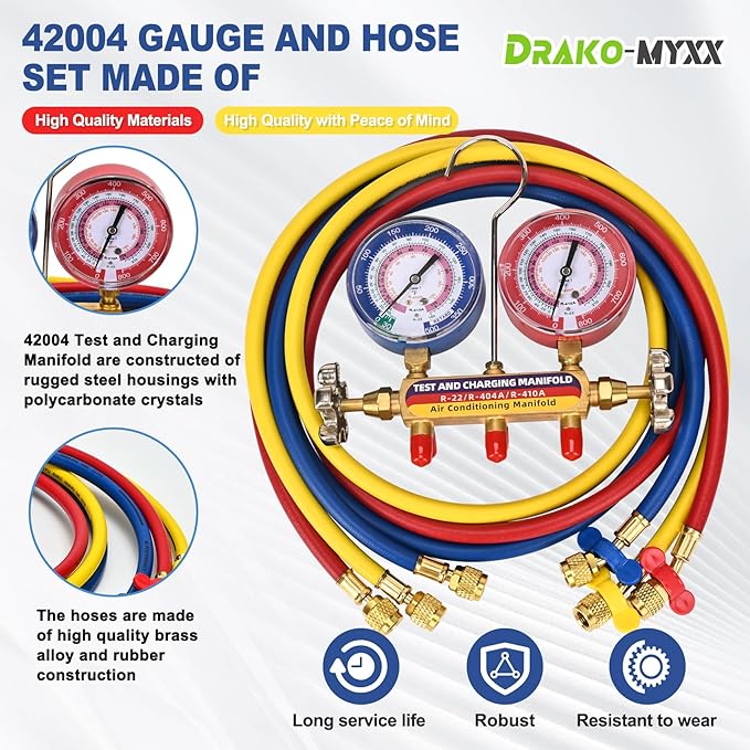 2026 Upgrade 42004 Test and Charge Manifold with 3-1/8" (80 mm) Gauge, for R-22/ 404A/ 410A, 1/4" to 1/4" Standard Flare Fittings with 60" HVAC Hoses, Gauge with Colored Label, Hvac Gauges with Hoses