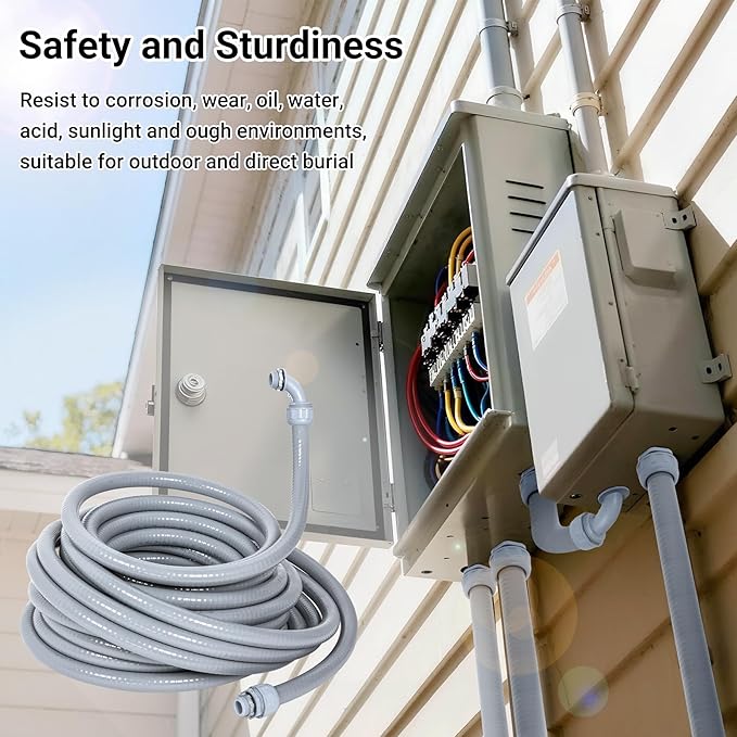 3/4 Inch 50FT Liquid Tight Conduit and Connector Kit, Flexible Non Metallic Electrical Conduit, with 5 Straight and 5 Angle Fittings, Suitable for Outdoor Lighting