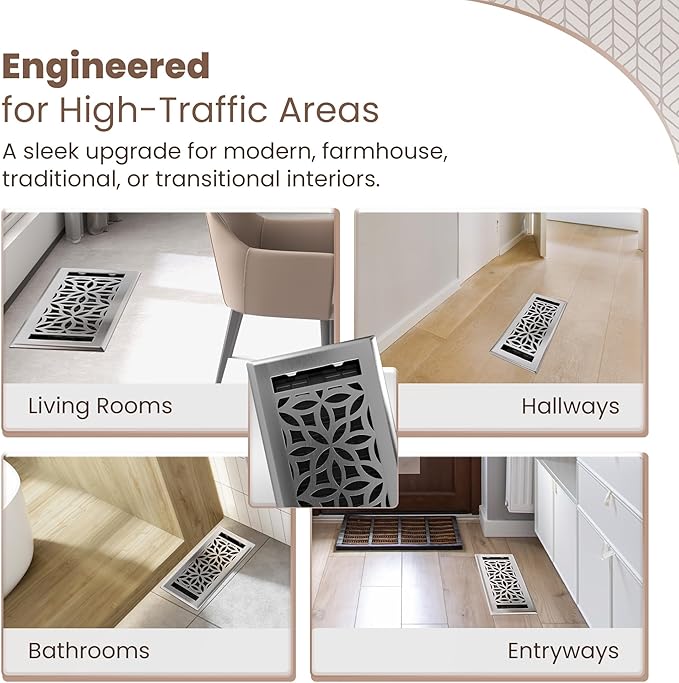 Floor Register 4x10 Vent Cover – 8 Pack – Heavy-Duty Steel, Rustproof & Walkable Grates, Easy Drop-in Install, Adjustable Air Supply Switch - Decorative Floral Design, Brushed Nickel