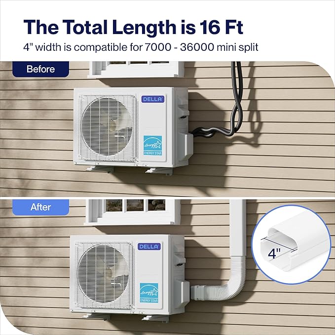 DELLA 4" 16Ft Mini Split Line Set Cover with Flexible Duct, Decorative PVC Lineset Cover Kit, Paintable for Air Conditioner, Central AC, HAVC & Heat Pumps Systems Tubing Cover, White