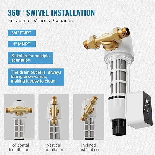 VEVOR Auto Flush Sediment Filter, 36 GPM Spin Down Water Filter with Touch Screen, 6Th Gen Backwash System, Bi-Side Scraper, 360° Install Whole House Pre Filter, Pressure Gauge, 1" MNPT, 3/4" FNPT