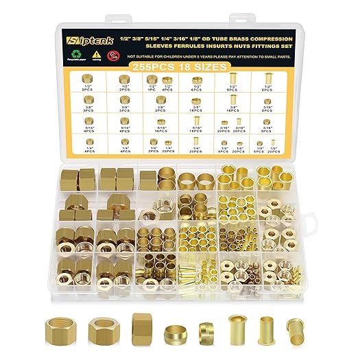 Siptenk 255PCS Brass Compression Sleeves Ferrules Inserts Nuts Fittings for Tube OD 1/2" 3/8" 5/16" 1/4" 3/16" 1/8", 6 Sizes Hose Compression Fitting Brass Ferrule Kit